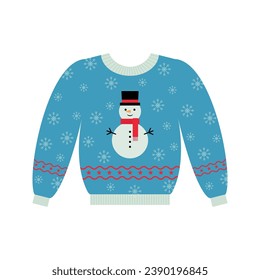 Vector sweater for Christmas party. Warm knitted jumpers with snowflakes, snowmen, Santa, candy cane, and deer ornament. Isolated. Happy New Year