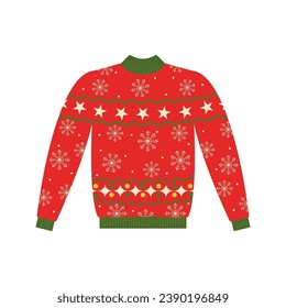 Vector sweater for Christmas party. Warm knitted jumpers with snowflakes, snowmen, Santa, candy cane, and deer ornament. Isolated. Happy New Year