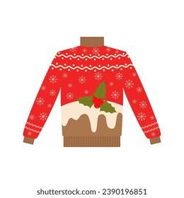 Vector sweater for Christmas party. Warm knitted jumpers with snowflakes, snowmen, Santa, candy cane, and deer ornament. Isolated. Happy New Year