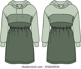 Vector Sweatshirt Dress Technical Drawing, Woman Long Sleeved Dress Fashion CAD, Hooded Dress Template, Sketch