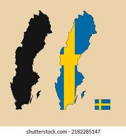 Vector of Sweden country outline map with flag set isolated on plain background. Silhouette of country map can be used for template, report, and infographic.