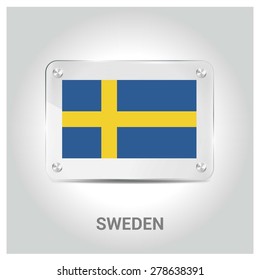 Vector Sweden Flag glass plate with metal holders - Country name label in bottom - Gray background vector illustration