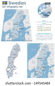 Vector Sweden political and administrative divisions maps, Sweden flag, Earth globe showing country location, map markers and related icon set