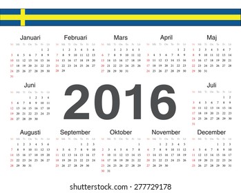 Vector Swedish circle calendar 2016. Week starts from Sunday.
