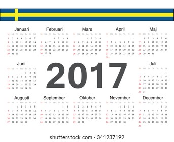 Vector Swedish circle calendar 2017. Week starts from Sunday.