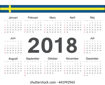 Vector Swedish circle calendar 2018. Week starts from Sunday.