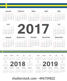 Vector Swedish circle calendars 2017, 2018, 2019. Week starts from Sunday.