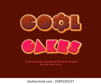 Vector Sweet Advertisement Cool Cakes with Tasty Flower. Red Donut Font. Delicious Alphabet Letters and Numbers. 