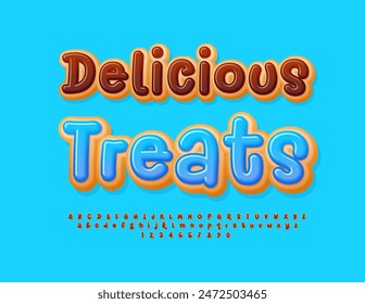 Vector sweet advertisement Delicious Treats. Sweet Cake Font. Donut style Alphabet Letters and Numbers set.