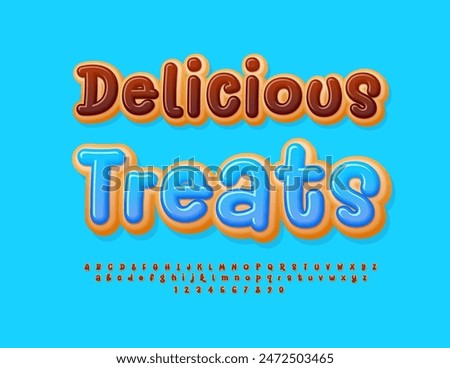 Vector sweet advertisement Delicious Treats. Sweet Cake Font. Donut style Alphabet Letters and Numbers set.
