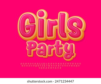Vector sweet advertisement Girls Party. Pink glazed Font. Tasty Donut Alphabet Letters and Numbers set.