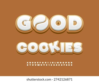 Vector Sweet Advertisement Good Cookies. Gingerbread style Font. Tasty White Alphabet Letters and Numbers set.