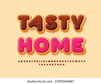 Vector sweet advertisement Tasty Home. Bright delicious Font. Choco Donut Alphabet Letters, Numbers and Symbols set