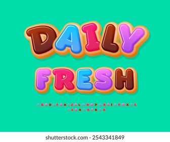 Vector dulce de publicidad Daily Fresh para panadería, cafetería y tienda. Sabrosa fuente de donut. Conjunto de letras, números y símbolos de alfabeto delicioso