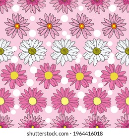Vector sweet baby pink background pink daisy flowers and wild flowers. Seamless pattern background