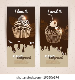 Vector sweet background. Hand drawn illustration with cupcake. Menu for restaurant and cafe. Banner. Sweets Card.