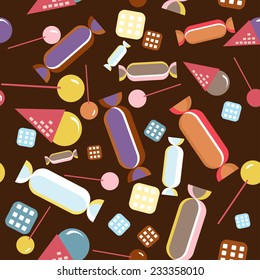 Vector sweet background/ seamless pattern with candies, lollipops, cookies and ice cream. Pattern can be used for wallpaper, pattern fills, web page background, surface textures. Gorgeous vector.