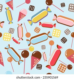 Vector sweet background/ seamless pattern with candies, lollipops, cookies and ice cream. Pattern can be used for wallpaper, pattern fills, web page background, surface textures