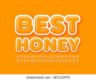 Vector sweet badge Best Honey. Yellow glossy Font. Modern bright Alphabet Letters and Numbers set