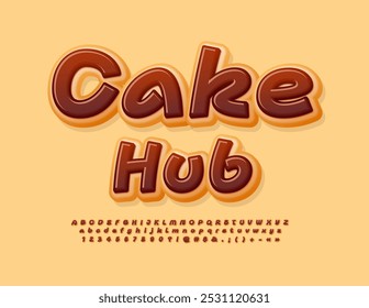 Vector dulce Anuncio Cake Hub. Funny Tasty Fuente. Conjunto de letras y números de alfabeto delicioso