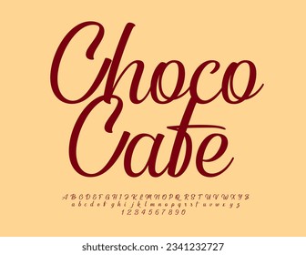 Vector sweet banner Choco Cafe. Beautiful Alphabet Letters, Numbers and Symbols set. Calligraphy Brown Font