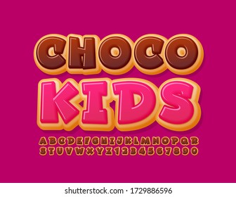 Vector Sweet Banner Choco Kids With Funny Donut Font. Tasty Alphabet Letters And Numbers