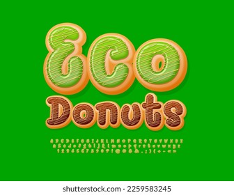 Vector sweet banner Eco Donuts. Tasty Cake Font. Modern handwritten Alphabet Letters and Numbers