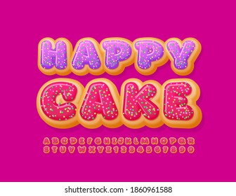 Vector sweet banner Happy Cake with Red Glazed Font. Tasty Donut Alphabet Letters and Numbers set