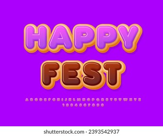 Vector sweet banner Happy Fest. Violet glazed Font. Cake Alphabet Letters and Numbers set