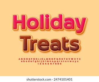 Vector sweet banner Holiday Treats. Bright Delicious Font. Donut style  Alphabet Letters and Numbers set.