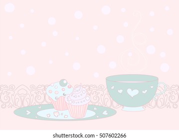 vector sweet blue  background cupcakes and tea for your