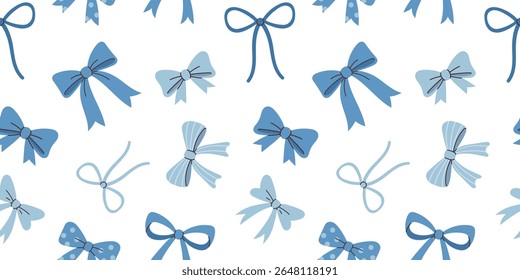 Vector sweet blue bows in seamless pattern. Feminine coquette style for wrapping, textile, decor. Wrapping design. Bow background.