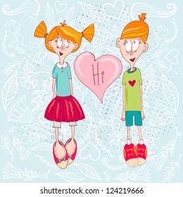 Vector sweet boy&girl and floral vector background.