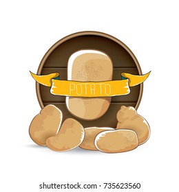 vector sweet brown potato label with pile of potatoes isolated on wooden round background. potato label design template for stickers, banners, posters and restaurant or cafe menu
