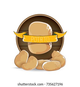 vector sweet brown potato label with pile of potatoes isolated on wooden round background. potato label design template for stickers, banners, posters and restaurant or cafe menu