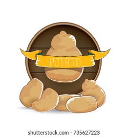 vector sweet brown potato label with pile of potatoes isolated on wooden round background. potato label design template for stickers, banners, posters and restaurant or cafe menu