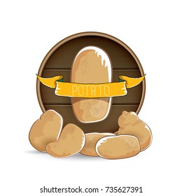 vector sweet brown potato label with pile of potatoes isolated on wooden round background. potato label design template for stickers, banners, posters and restaurant or cafe menu