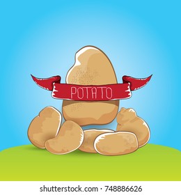 vector sweet brown potato with pile of potatoes isolated on background. potato label design template for stickers, banners, posters and restaurant or cafe menu