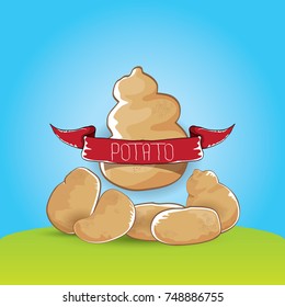 vector sweet brown potato with pile of potatoes isolated on background. potato label design template for stickers, banners, posters and restaurant or cafe menu