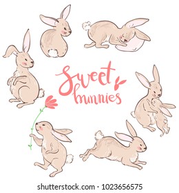 Vector sweet bunnies, character cute collection. Pastel colors. Sketchy style.