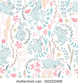 Vector sweet bunnies, flowers and branches, Easter cute cseamless pattern. Spring meadow. Pastel colors. 