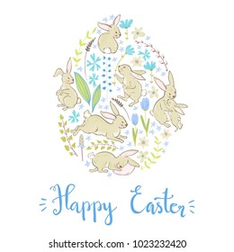 Vector sweet bunnies, flowers and branches, Easter cute card template, egg. Pastel colors. Sketchy style.