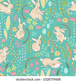 Vector sweet bunnies, flowers and branches, Easter cute cseamless pattern. Spring meadow. Pastel colors. 