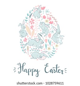 Vector sweet bunnies, flowers and branches, Easter cute card template, egg. Pastel colors. Sketchy style.