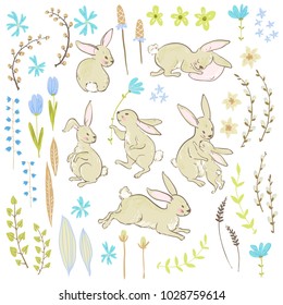 Vector sweet bunnies, flowers and branches, Easter cute collection. Pastel colors. Sketchy style.