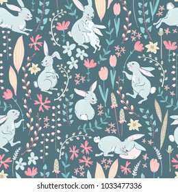 Vector sweet bunnies, flowers and branches, Easter cute cseamless pattern. Spring meadow. Pastel colors. 