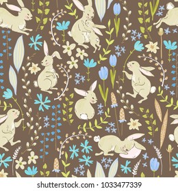 Vector sweet bunnies, flowers and branches, Easter cute cseamless pattern. Spring meadow. Pastel colors. 