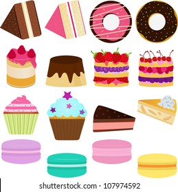 Vector of Sweet Cake, chiffon, donut, caramel custard pudding, Cupcake, Pie, Cheesecake and pastel Macaron. A set of cute and colorful icon collection isolated on white background