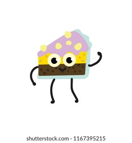 Vector sweet cake funny humanized character with legs, arms and facial expressions waving hand. Delicious dessert smiling for restaurants, cafe kids menu design. Isolated illustration
