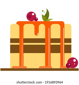 Vektor süßer Kuchen mit Mastic und Früchten. Leckeres Dessert mit Eis oder Topping einzeln auf weißem Hintergrund. Süßwaren